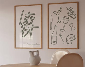 Aesthetic Kitchen Decor, Buon Appetito Wall Art, Gift, Art Print, Let&#39;s Eat, Set of Two, Kitchen Artwork, Trendy Wall Art Poster, Sage Green