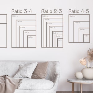 May include: A white wall with a diagram showing different print sizes in inches for various aspect ratios, including ISO, 3:4, 2:3, 4:5, and 11x14. The diagram is displayed above a white couch with a throw blanket and pillows.