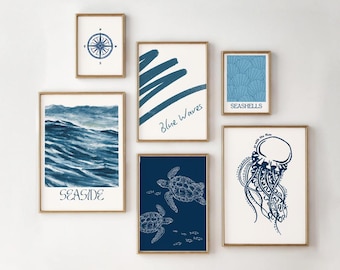 Dark Blue Coastal Prints Wall Art Set of 6 for Beach House, Bedroom, Ocean Wall Decor, Nautical prints, Trendy Posters, Girls Apartment