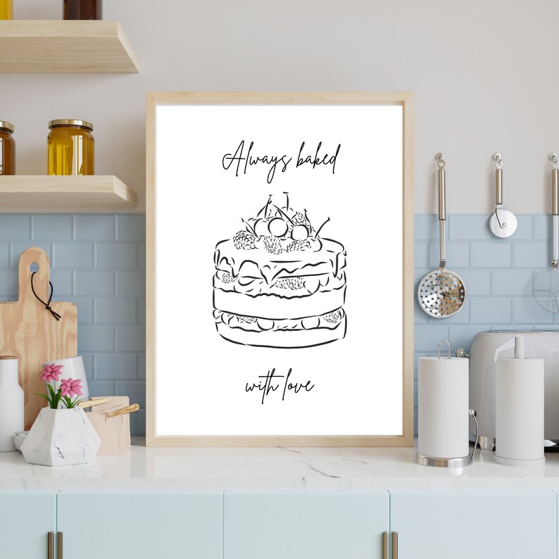 Baked With Love, Kitchen Wall Art Poster, Cake, Line Art, Baking Art ...