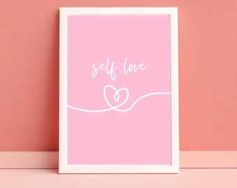 Arte de garabato de corazón rosa de amor propio, arte de pared estético, decoración de dormitorio de moda, dormitorio imprimible