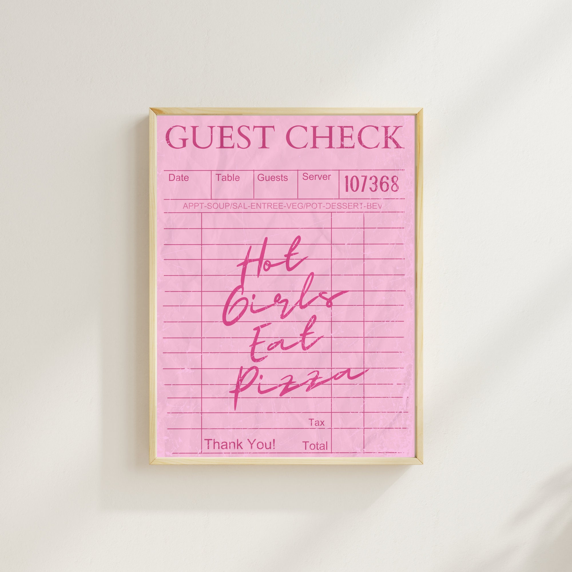 Pink Guest Check Poster, Hot Girls Eat Pizza, Trendy Wall Art, Guest Check Print, It Girl Print, Room Decor, Pizza Lover, Receipt Print