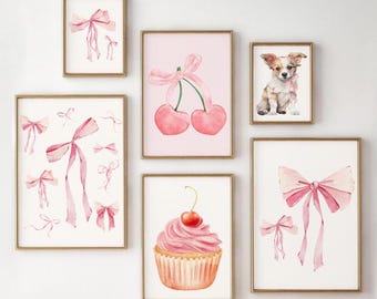 Trendy Pink Bows Wall Art Set of 6, Coquette Pink Bow Print, Retro Aesthetic Trendy Print, Minimalist, College Apartment Decor, Preppy Art