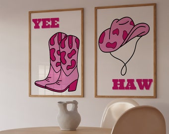 Yeehaw typography art print Pink cowgirl boots poster western wall decor pink print preppy pink wall art howdy rodeo digital download