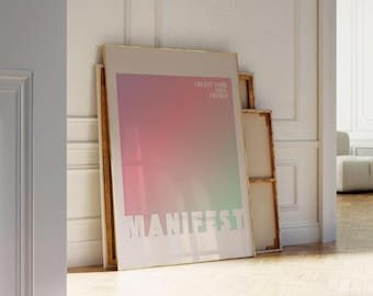 Manifest Rainbow Gradient Poster, Printable Wall Art | Wystrój pokoju w akademiku, Modna sztuka, Natychmiastowe pobieranie, Wystrój mieszkania, Dziewczęcy plakat w kolorze różowym
