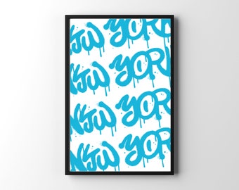 Blue New York City Graffiti Art NYC Wall Art Graphic Trendy Poster Dorm Room Poster Travel Bedroom Decor