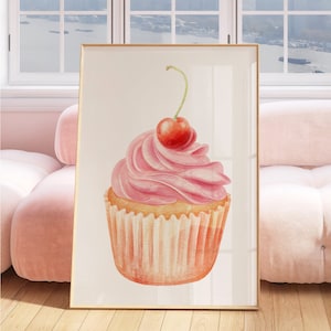 Rosa Cupcake Druck, Kirsche, Kokette Wandkunst, rosa Ästhetik, Wanddekor, Kuchen Kunstdruck, Küchendeko, rosa Zimmerdekor, Cupcake Art
