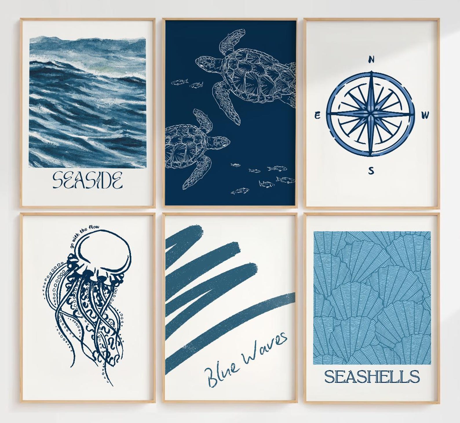Dark Blue Coastal Prints Wall Art Set of 6 for Beach House, Bedroom ...