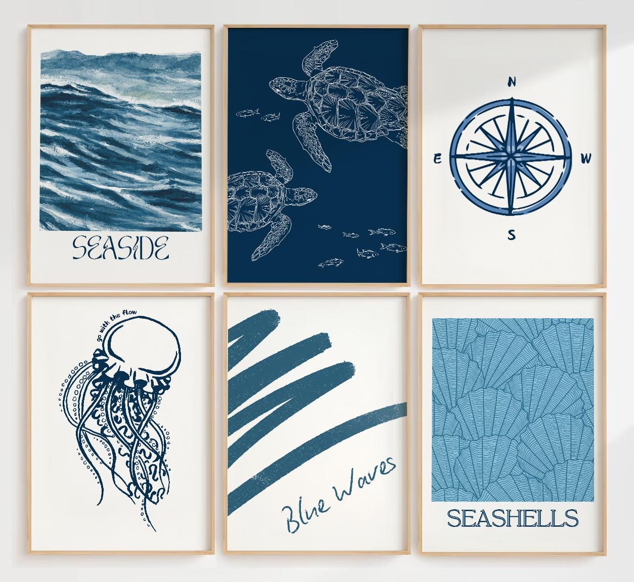 Dark Blue Coastal Prints Wall Art Set of 6 for Beach House, Bedroom ...