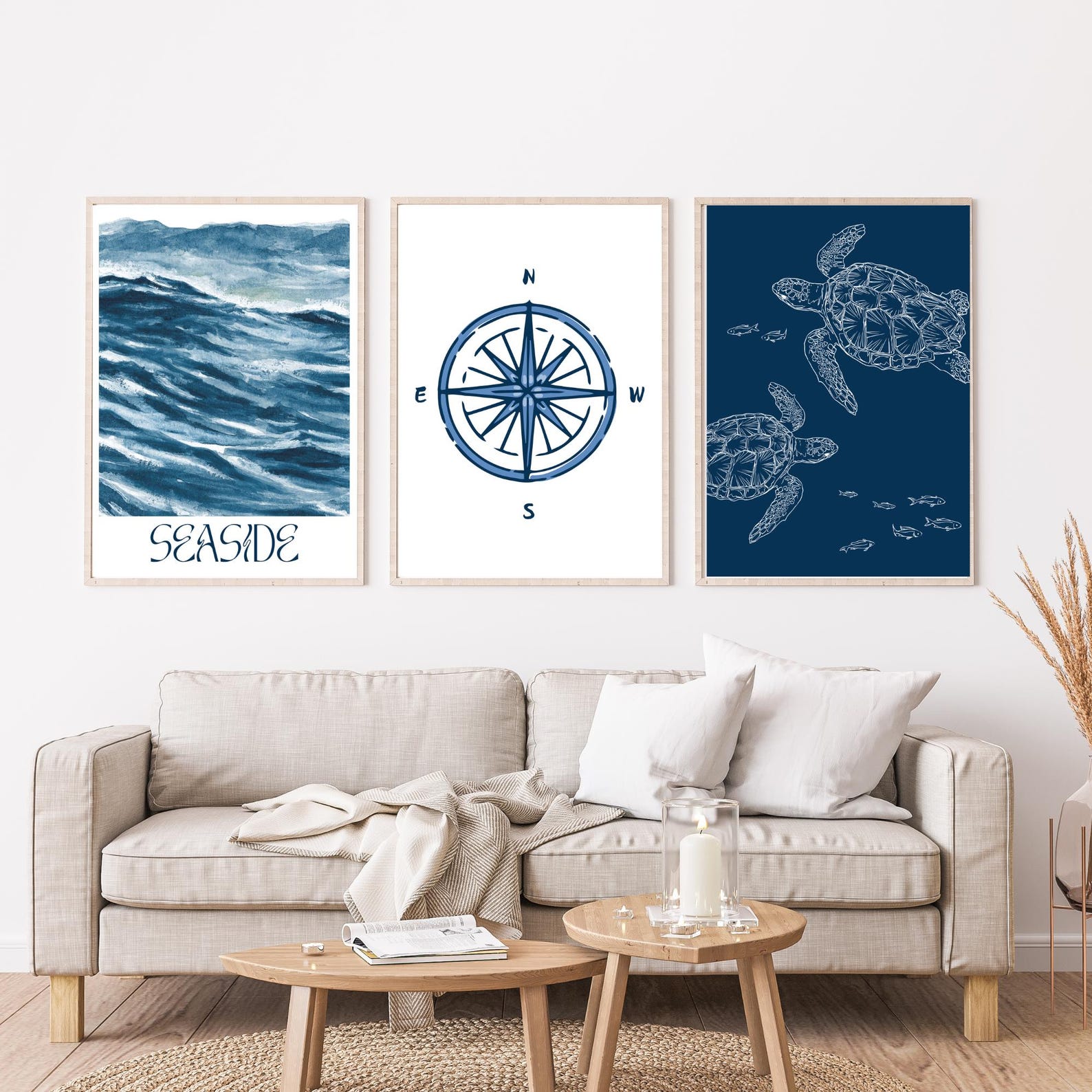 Dark Blue Coastal Prints Wall Art Set of 6 for Beach House, Bedroom ...