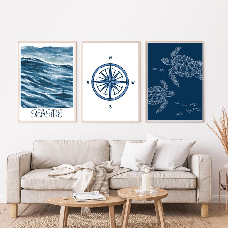 Dark Blue Coastal Prints Wall Art Set of 6 for Beach House, Bedroom ...