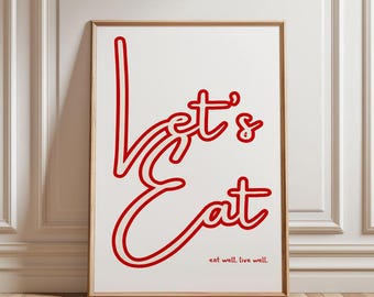Kitchen Wall Art Poster, Retro Kitchen Decor, Aesthetic, Let&#39;s Eat, Eat Well Live Well, 50s Kitchen, Vintage Art Print, Dining Room Poster
