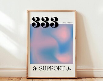 Support 333 Blue and Pink Angel Numbers Poster for Apartment, Trendy Abstract Wall Art Dorm Decor, Colourful Retro Prints Girly Girl Gifts