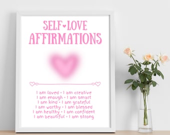 Self Love Affirmations Poster Pink Aesthetic Wall Art Trendy Bedroom Decor Dorm Room