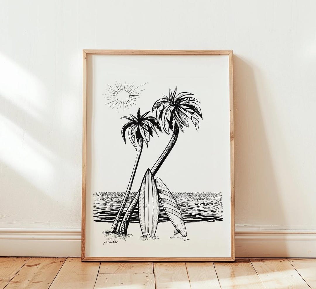 Minimalist Beach Palm Tree Art Print, Black and White Line Art, Trendy ...