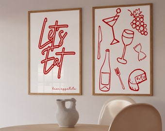 Aesthetic Kitchen Decor, Buon Appetito Wall Art, Gift, Art Print, Let&#39;s Eat, Set of Two, Kitchen Artwork, Trendy Wall Art Poster, Good Food