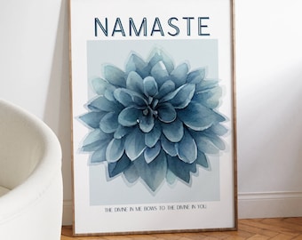 Póster de Namaste, arte de pared imprimible, arte de pared de yoga, flor de loto azul, impresión artística de afirmación espiritual, impresión tipográfica, regalo de yogui
