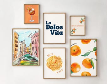 La Dolce Vita Poster Set of 6 Italy Posters Italia Set Wall Art for Kitchen Living Room Grazie Aperol Spritz Oranges Mediterranean Wall Art