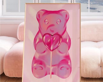 Gummy Bear Wall Art Print, Trendy Pink Wall Art, Maximalist, Quirky Wall Art Y2K, Pink Poster, Girly Room Candy Art, Printable Download