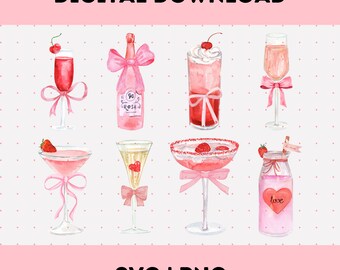 Pink Bow Cocktail PNG SVG, Trendy Soft Girl Era png, Coquette Clothing, Aesthetic Bar Cart svg, Girly svg, Pink Ribbon png, Coquette PNG