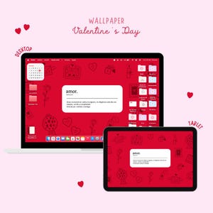 Puede incluir: Un diseño de fondo de pantalla rojo de San Valentín para escritorio y tableta. La pantalla del portátil muestra un fondo rojo con la palabra "amor" en un cuadro blanco. La tableta muestra el mismo diseño. Las palabras "WALLPAPER Valentine's Day" están en la parte superior.