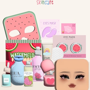 May include: A skincare kit with watermelon-themed packaging and products. Includes a watermelon face mask, eye pads, serum, facial spray, cream, and other skincare items. The kit is designed with a pink and green color scheme.