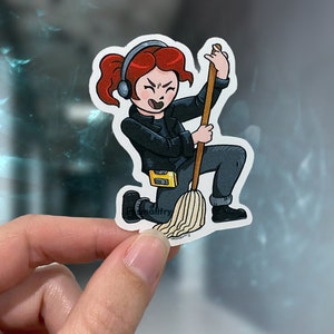 May include: A cartoon illustration of a person with red hair wearing headphones and a black leather jacket, holding a yellow mop and rocking out.