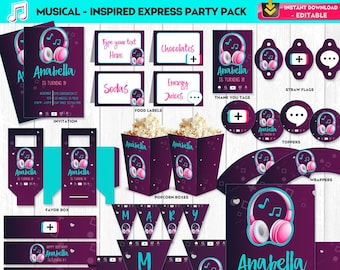 Music Party Decorations 2 Music Bundle Party Package Musical Birthday Bash Neon Teens Girl Music Social - INSTANT DOWNLOAD - Editable Text