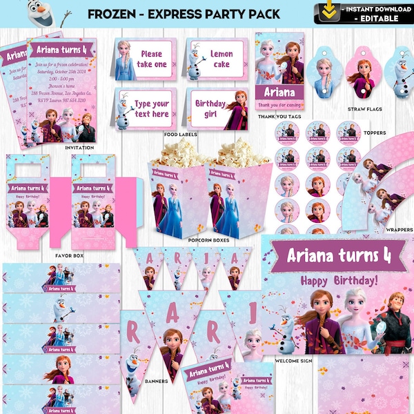 Frozen Party Decorations Frozen Bundle Party Package Anna Elsa Olaf Princess Snow - INSTANT DOWNLOAD - Editable Text