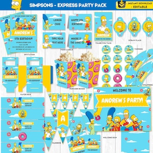 Puede incluir: Un paquete de fiesta imprimible con los personajes de Los Simpson con un tema de donut. El paquete incluye una variedad de artículos como invitaciones, pancartas, adornos para cupcakes, cajas de regalo, etiquetas para botellas de agua y mucho más. El texto "Andrew's 9th Birthday!" aparece en todo el paquete.