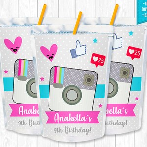May include: Three printable juice pouch designs featuring a gray and white Instagram camera with rainbow accents. The text "Anabella's 9th Birthday!" is on the center pouch.