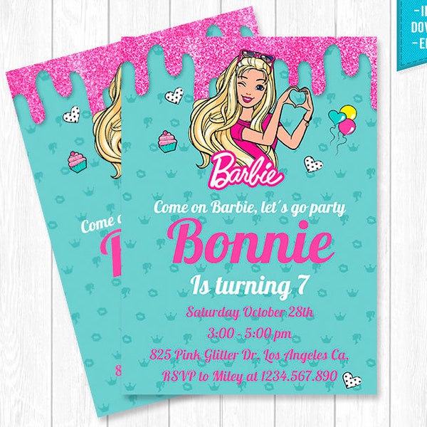 Doll Invitation Doll Party Doll Decoration Hot Pink Fashion Doll Princess Girls Party - INSTANT DOWNLOAD - Editable Text