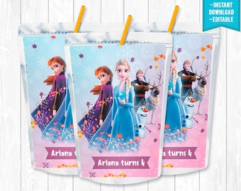 Frozen Capri Sun Frozen Birthday Party Package Anna Elsa Olaf Princess Snow - INSTANT DOWNLOAD - Editable Text