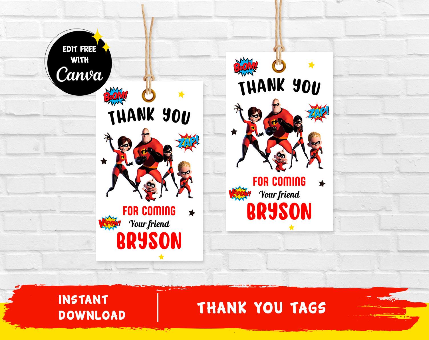 The Incredibles Thank You Tag The Incredibles Favor Tag Superhero Thank You Tag Hero Superhero Party - INSTANT DOWNLOAD - Editable Text