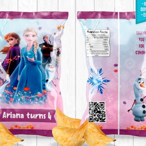 Frozen Chip Bag Frozen Birthday Party Package Anna Elsa Olaf Princess Snow - INSTANT DOWNLOAD - Editable Text image 1