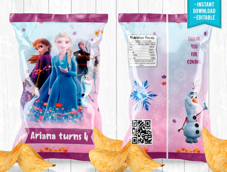 Frozen Chip Bag Frozen Birthday Party Package Anna Elsa Olaf Princess Snow - INSTANT DOWNLOAD - Editable Text image 1