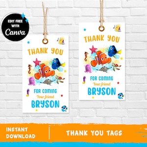 Puede incluir: Dos etiquetas de agradecimiento imprimibles con personajes de Buscando a Nemo. Las etiquetas son blancas con acentos azules y naranjas. El texto en las etiquetas dice "Gracias" y "Por venir Tu amigo Bryson".