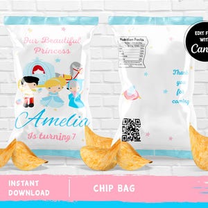 May include: Printable chip bag template featuring a princess theme with a blue and pink colour scheme. The bag has a cartoon illustration of a princess, a prince, and a carriage. The text on the bag reads "Our Beautiful Princess Amelia is turning 7".