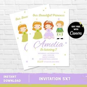 May include: Purple and green printable invitation for a girl's 7th birthday party. The invitation features a cartoon illustration of four children dressed as princesses and a prince. The text on the invitation reads "Our Beautiful Princess Amelia is turning 7".