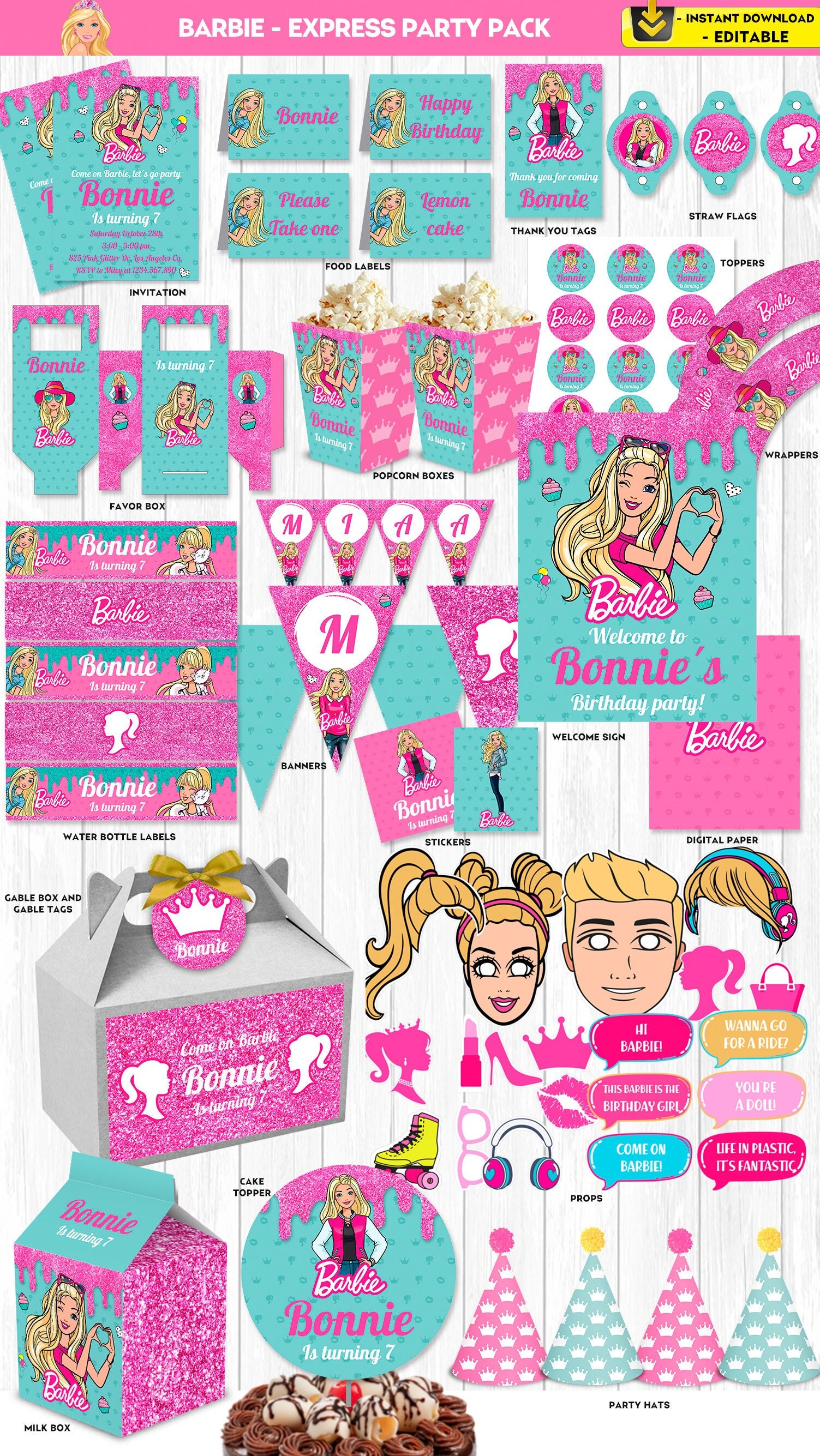 Cannucce personalizzate, festa a tema, festa barbie, decorazione  compleanno,compleanno bambina,addobbi compleanno, cannucce barbie,kit festa  -  Portugal