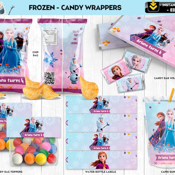 Frozen Wrappers Frozen Bundle Party Package Anna Elsa Olaf Princess Snow - INSTANT DOWNLOAD - Editable Text