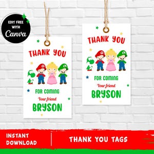 Mario Thank You Tag Mario Favor Tag Mario Party Mario Decoration Kids Birthday Video Game Luigi Peach Yoshi INSTANT DOWNLOAD Editable Text