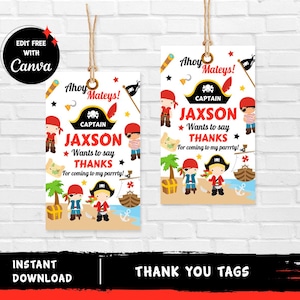 Puede incluir: Dos etiquetas de agradecimiento imprimibles con temática pirata. Las etiquetas son blancas con detalles rojos, azules y negros. El texto en las etiquetas dice "Ahoy Mateys! Captain Jaxson Wants to say Thanks for coming to my parrrty!"