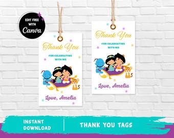 Jasmine Thank You Tag Jasmine Favor Tag Princess Thank You Tag Jasmine Decoration Girls Birthday Aladdin - INSTANT DOWNLOAD - Editable Text