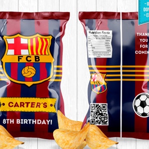 Barcelona Chip Bag Party Birthday Messi Cristiano Futbol Soccer Neymar - INSTANT DOWNLOAD - Editable Text