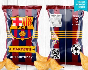 Barcelona Chip Bag Party Birthday Messi Cristiano Futbol Soccer Neymar - INSTANT DOWNLOAD - Editable Text