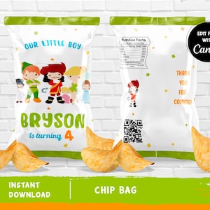May include: A white chip bag with a green top and bottom. The front of the bag has a cartoon image of Peter Pan and other characters. The text "Our Little Boy Bryson is turning 4" is printed on the bag. The back of the bag has a nutrition facts label, a QR code, and the text "Thank you for coming!" printed on it.