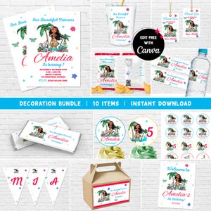 May include: A party decoration bundle with a princess theme, featuring the name "Amelia." The set includes invitations, drink cups, tags, chip bags, water bottle labels, candy bar wrappers, cupcake toppers, a banner, a favour box, and a welcome sign.