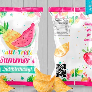 Fruit Chip Bag Fruit Bundle Party tutti frutti two tti Summer Party Watermelon Sweet One - INSTANT DOWNLOAD - Editable Text