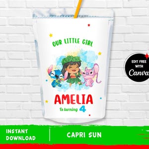 May include: A Capri Sun juice pouch with a colorful design featuring a cartoon girl with blue and green hair, a blue Stitch character, and a pink angel character. The text "Our Little Girl Amelia Is Turning 4" is printed on the pouch.